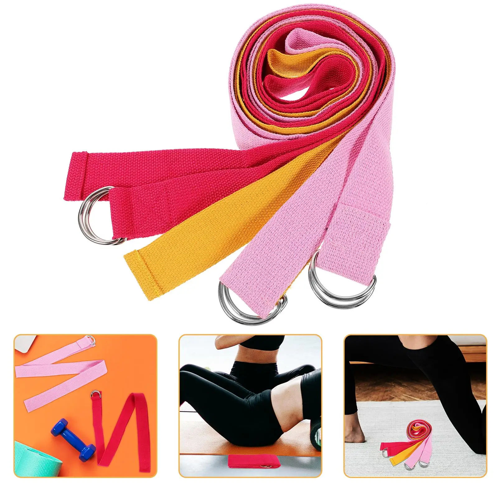 

3 Pcs Yoga Strap Reusable Polyester Cotton Bands for Stretching Exercise Home Gym Compact Lightweight Yellow Pink Rose