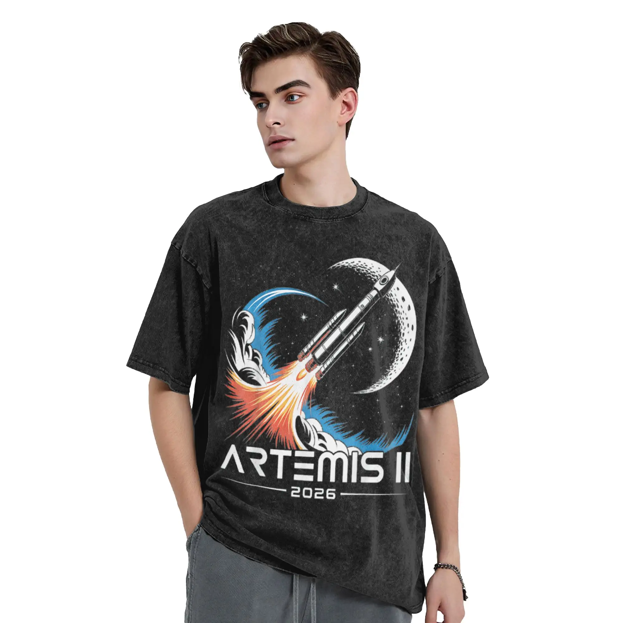 Artemis II Launch to The Moon 2026 Washed T Shirt Streetwear Hip Hop Retro T-Shirts Tees  Men Women 100% Cotton Harajuku Summer