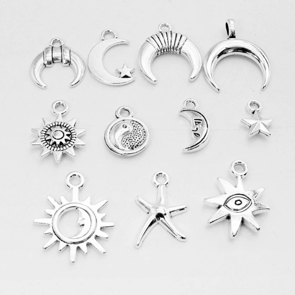 30/pcs Vintage Mixed Metal Sun Moon Star Charms Beads Handmade DIY Bracelet Pendant Necklace Clips Jewelry Making Findings