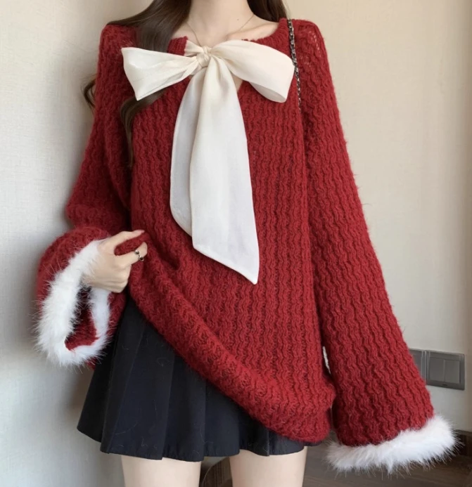 Picture 5: Women Autumn Winter Large Size V-neck Sweet Bow Sweater Fashione Red Medium Long Versatile Age-reducing Christmas Knitted Top
