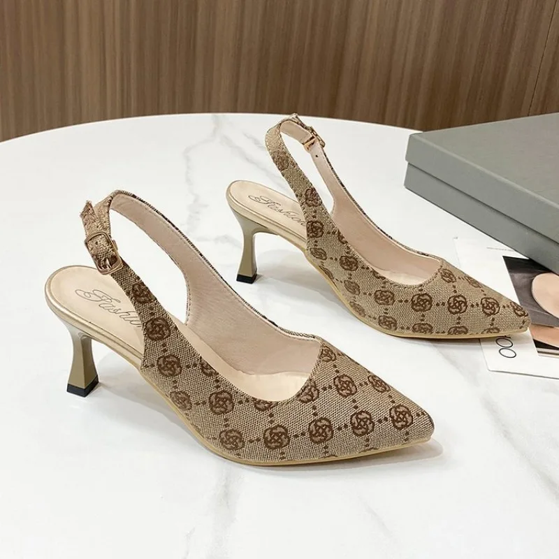 Sandali con tacco alto ricamati a punta da donna con scarpe singole a mezza testa con retro cavo, scarpe Casual multifunzionali alla moda