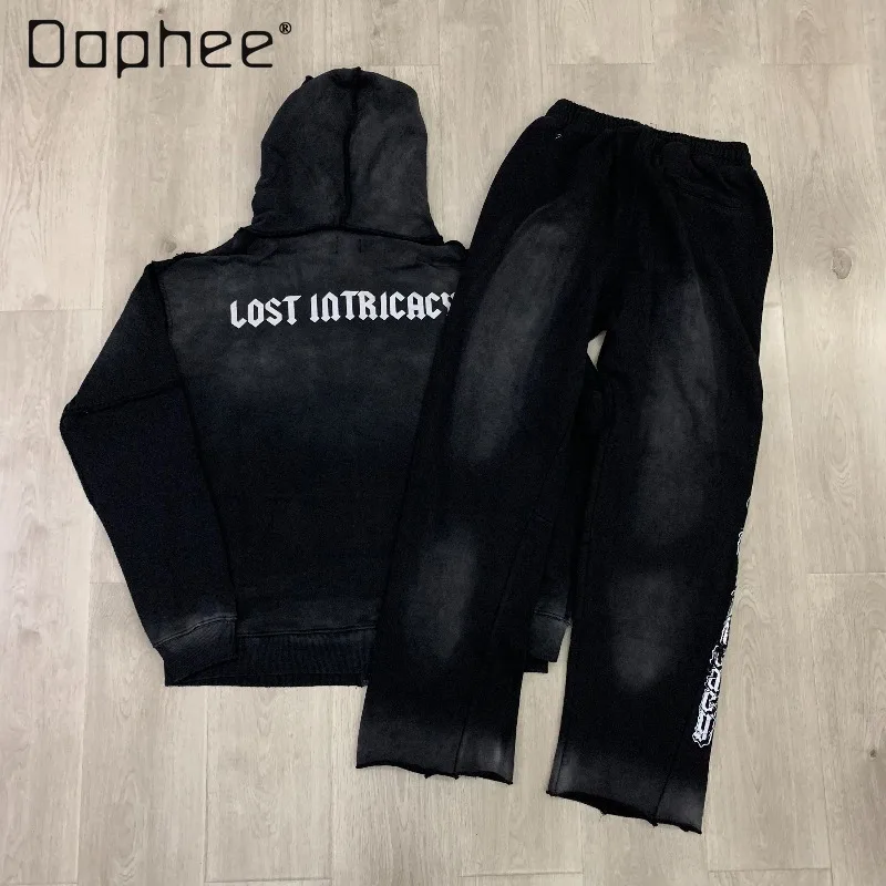 American High Street Fashion Washed Rhinestone Vintage Distress Hoodies Sweatpants Two-piece Set Men Clothing Trendy Pants Set