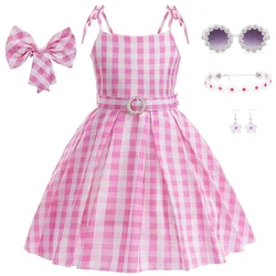Carnival Party Cosplay Costumes For Girls Kids Pink Princess Dresses Suspender Plaid With Eyeglass Earring Accessories