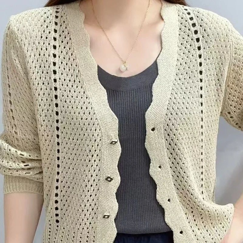 

Hollow Knitted Cardigan for Women's Autumn New Mercerized Cotton Thin Sweater Jacket Solid Color Beautiful Mother Top