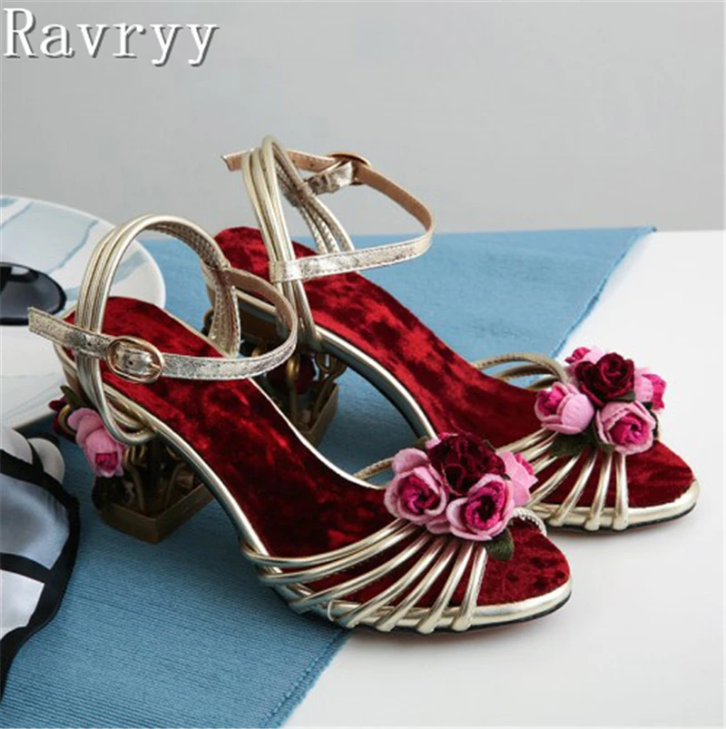 Retro Bird Cage Heels Women Sandals Brand Design Flowers Ankle Straps Peep Toe Summer Shoes Velvet Luxury Party Wedding Shoes