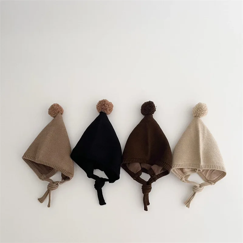 

Cute Plush Ball Baby Ear Protection Knit Hat Winter Warm Toddler Woolen Cap 3-36M Infant Crochet Bonnet Solid Color Kids Beanie