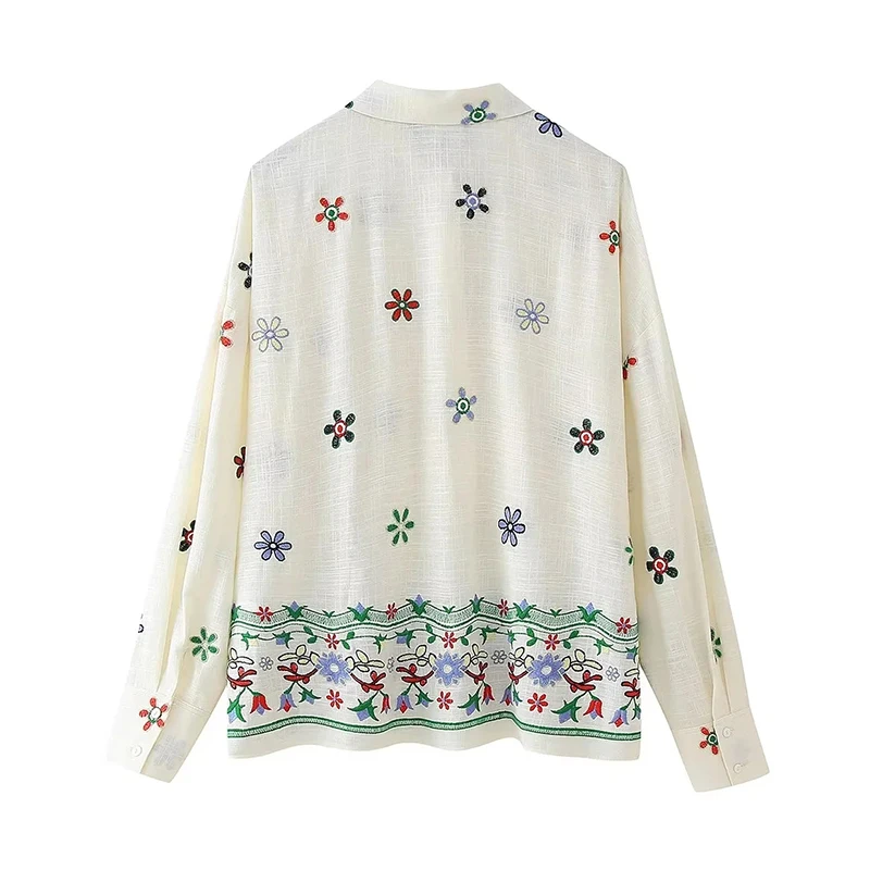 Floral Stickerei Dünne Lose Hemd Casual Dame Mode Lange Ärmel Tops Einfache Herbst Fit Drehen-unten Kragen Hemd streetwear