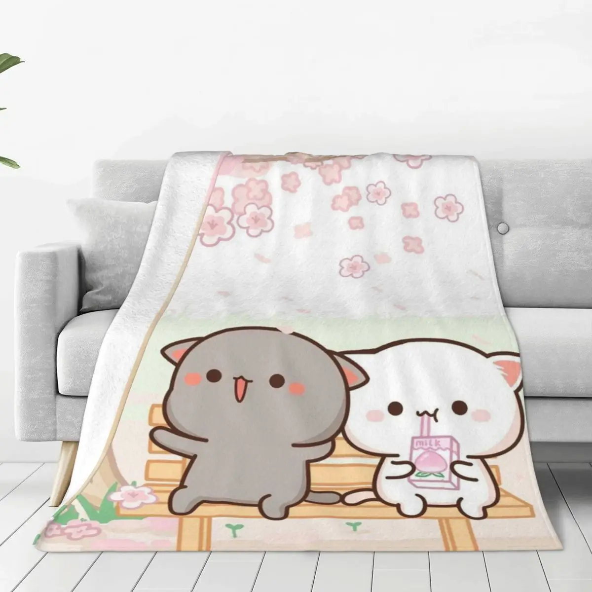 Cute Peach And Goma Cat Blankets Fleece All Season Pink Cartoon Mocha Mochi Ultra-Soft Throw Blanket for Sofa Couch Rug Piece