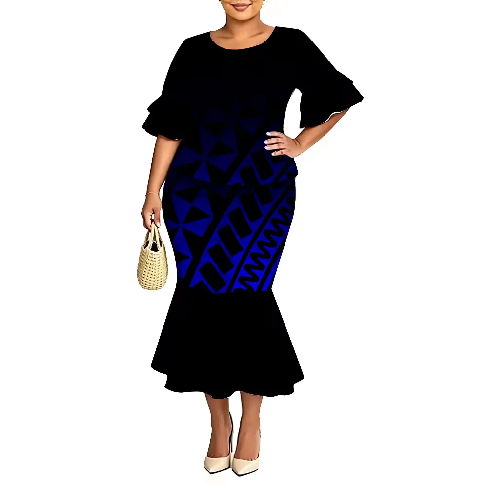 Hot Plus Women Puletasi 2 Piece Set Black Blue Polynesian Tribal Print Ruffle Short Sleeve Top Mermaid Skirt Outfit