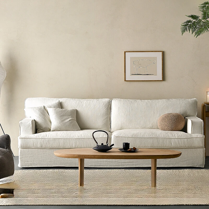 

Big sofa, quiet wind, cotton and linen, white group edge fabric, detachable and washable, modern three-person small apartment Z.