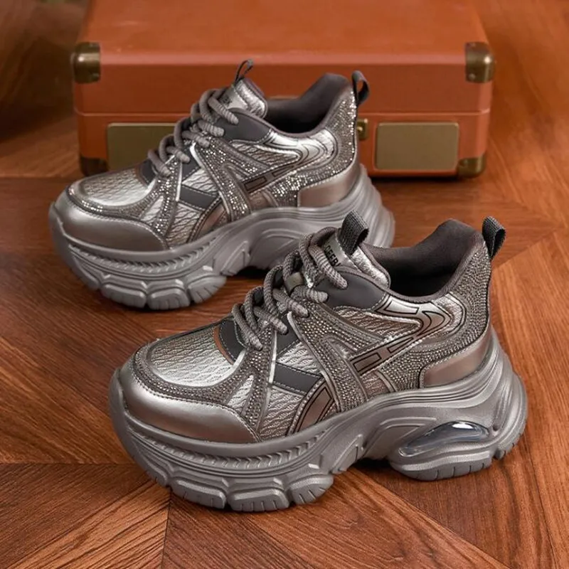 

New 2026 Luxury Dad Shoes for Women Fashion Sneakers Rhinestone Versatile Interior Height Increasing Women Casual Sports Shoes