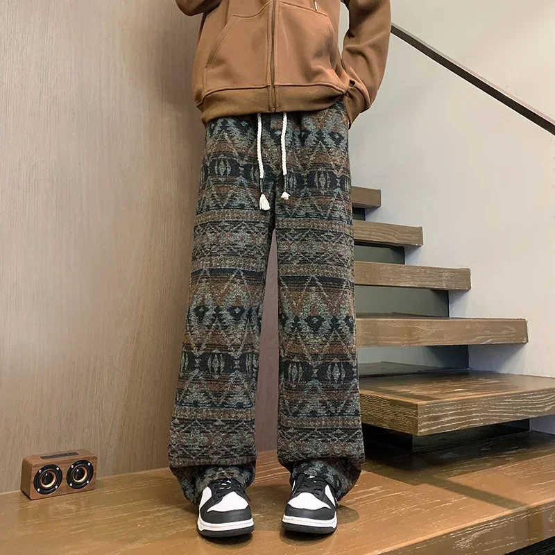 

Men's Vintage Ethnic Pattern Loose Wide Leg Pants Casual Streetwear High-Waist Drawstring Trousers Fashion All Match Pants
