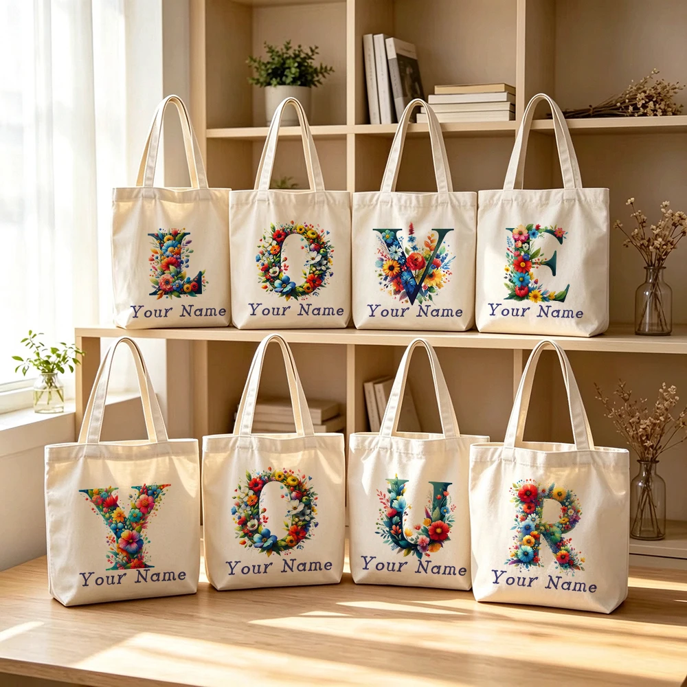 Personalized Floral Letter Canvas Tote Bag Custom Name Monogram Grocery Shopping Bag for Women Girls Reusable Shoulder Bag Gifts