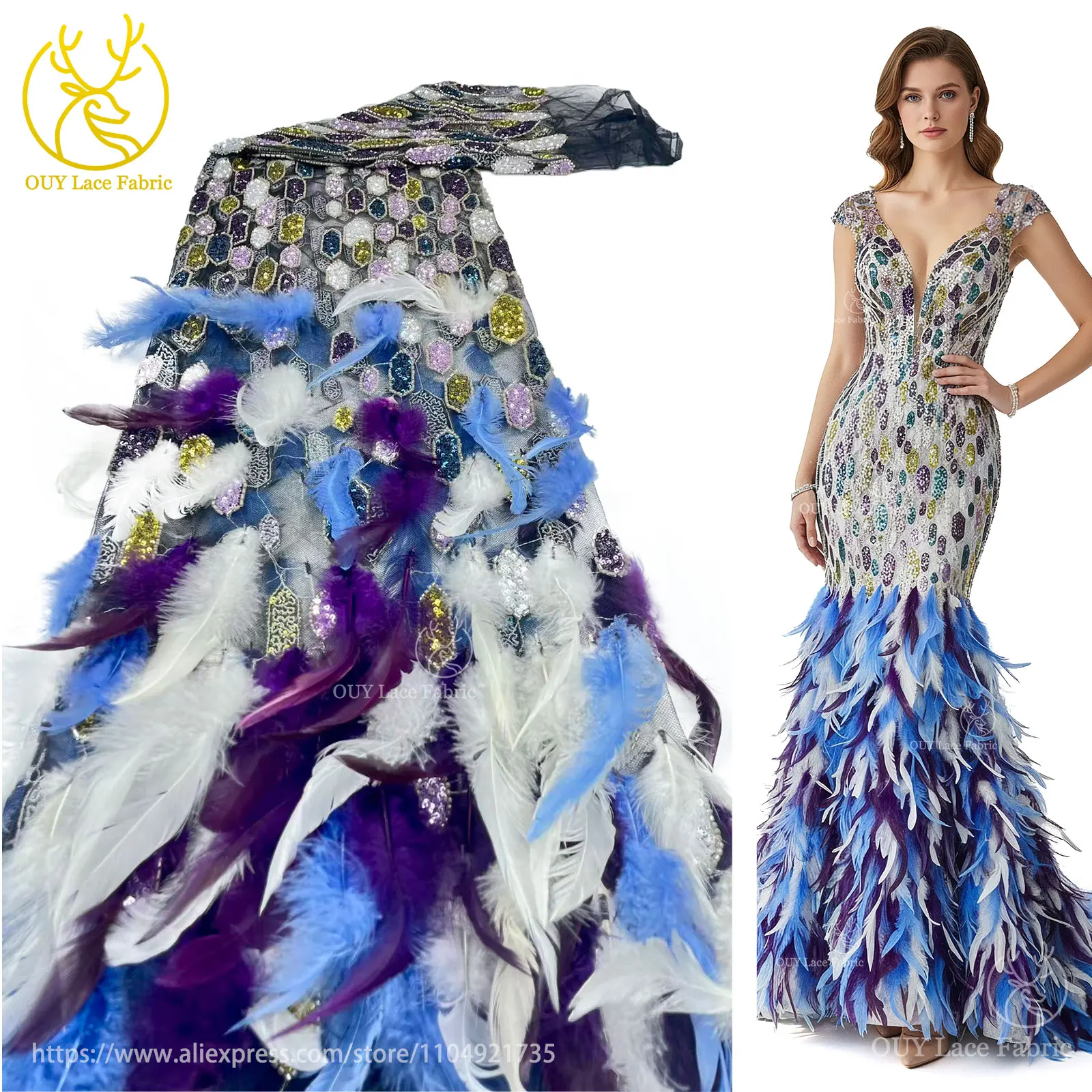 

Newest African 3D Feather Embroidery Beaded Sequins Lace Fabric 2026 High Quality Nigerian French Mesh Lace Wedding Material