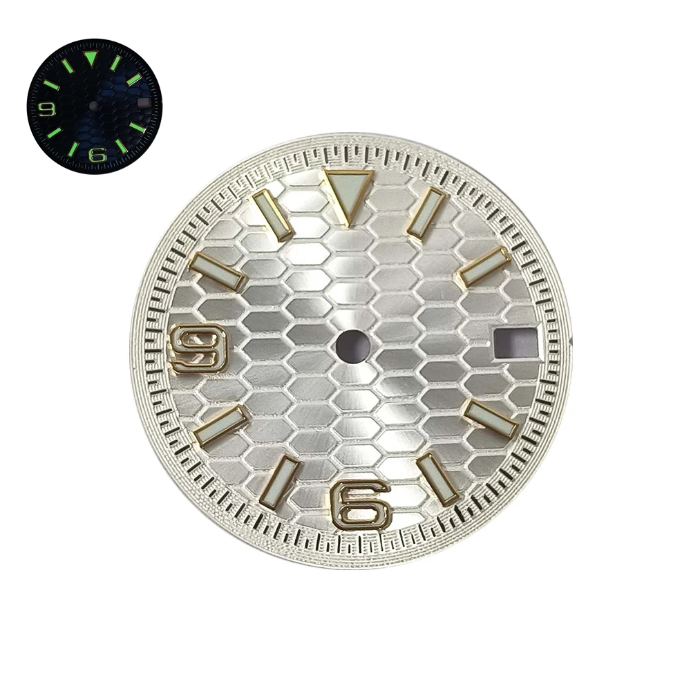 28.5mm Geometric Pattern Gold Studs Sunburst Watch Dial Green Luminous Watch Face Modification Kits for NH35/36/4R/7S Movement