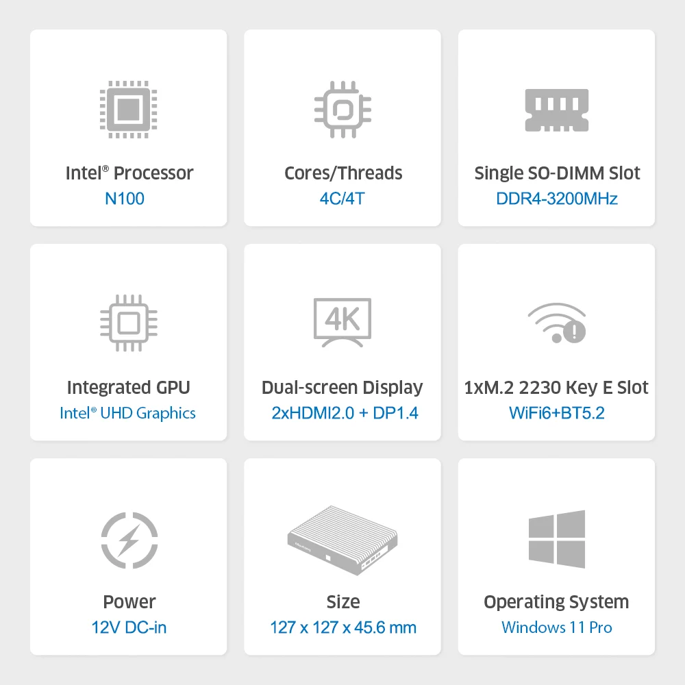 Maxtang Mini PC Intel N100 CPU Fanless Mini Computador Quad Core DDR4 Dual LAN Dual Display PC Compacto para Negócios