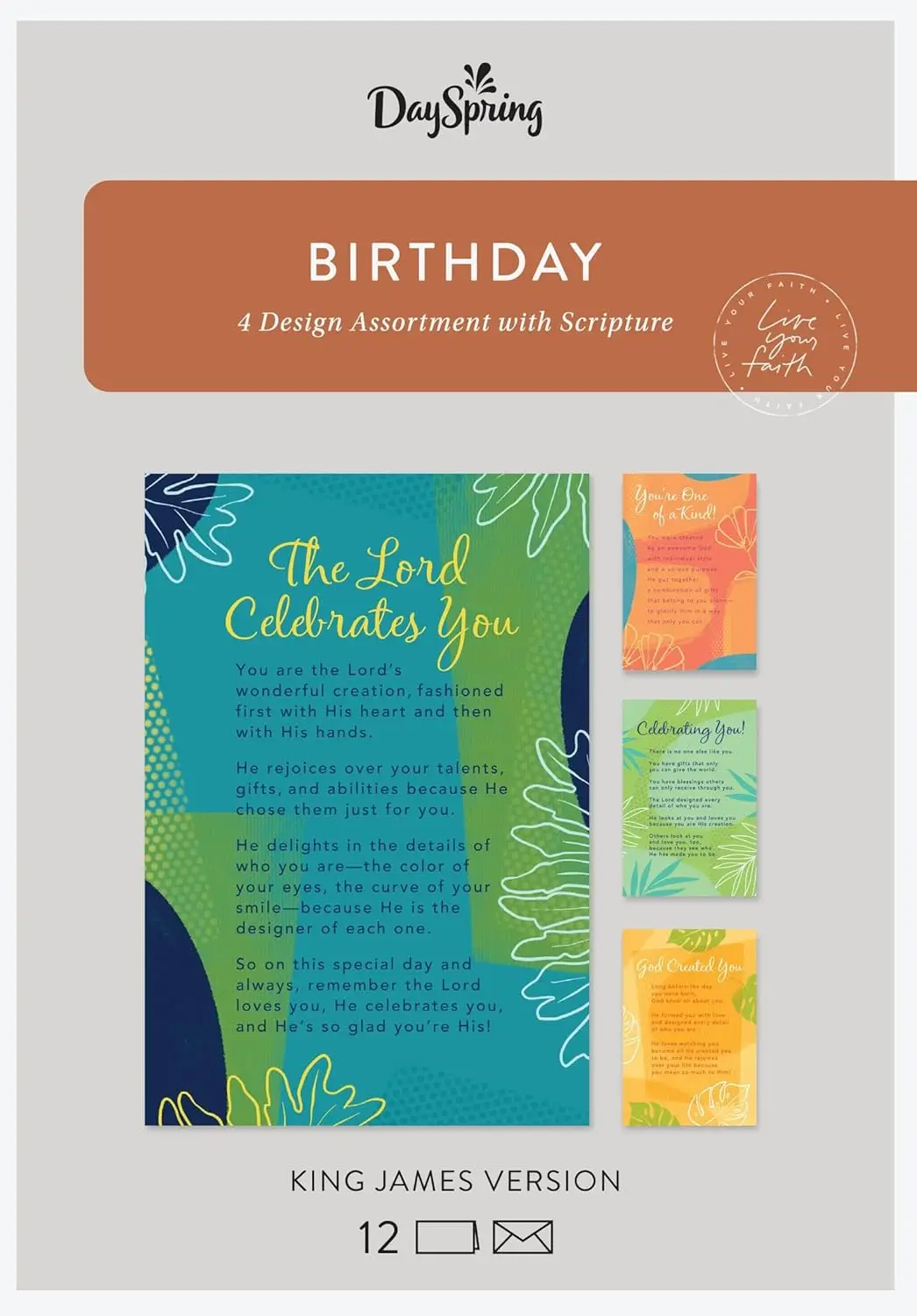 

- Celebrating You Birthday- King James Version- 4 Design Assortment with Scripture - 12 Geometric Botanical Boxed Cards & En