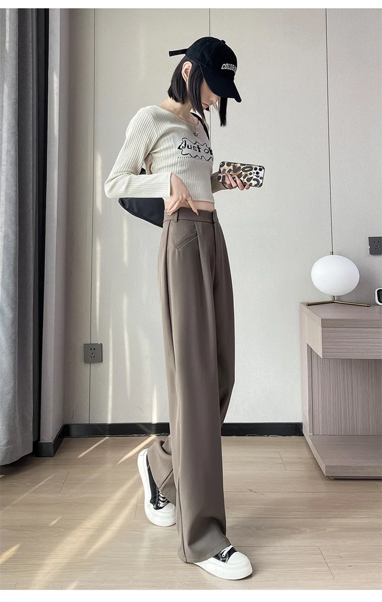 Spring 2024 New Fashion All-Match Simple Office Suit Pants Wide-Leg Pants High Waist Narrow Straight Casual Mop Pants Women