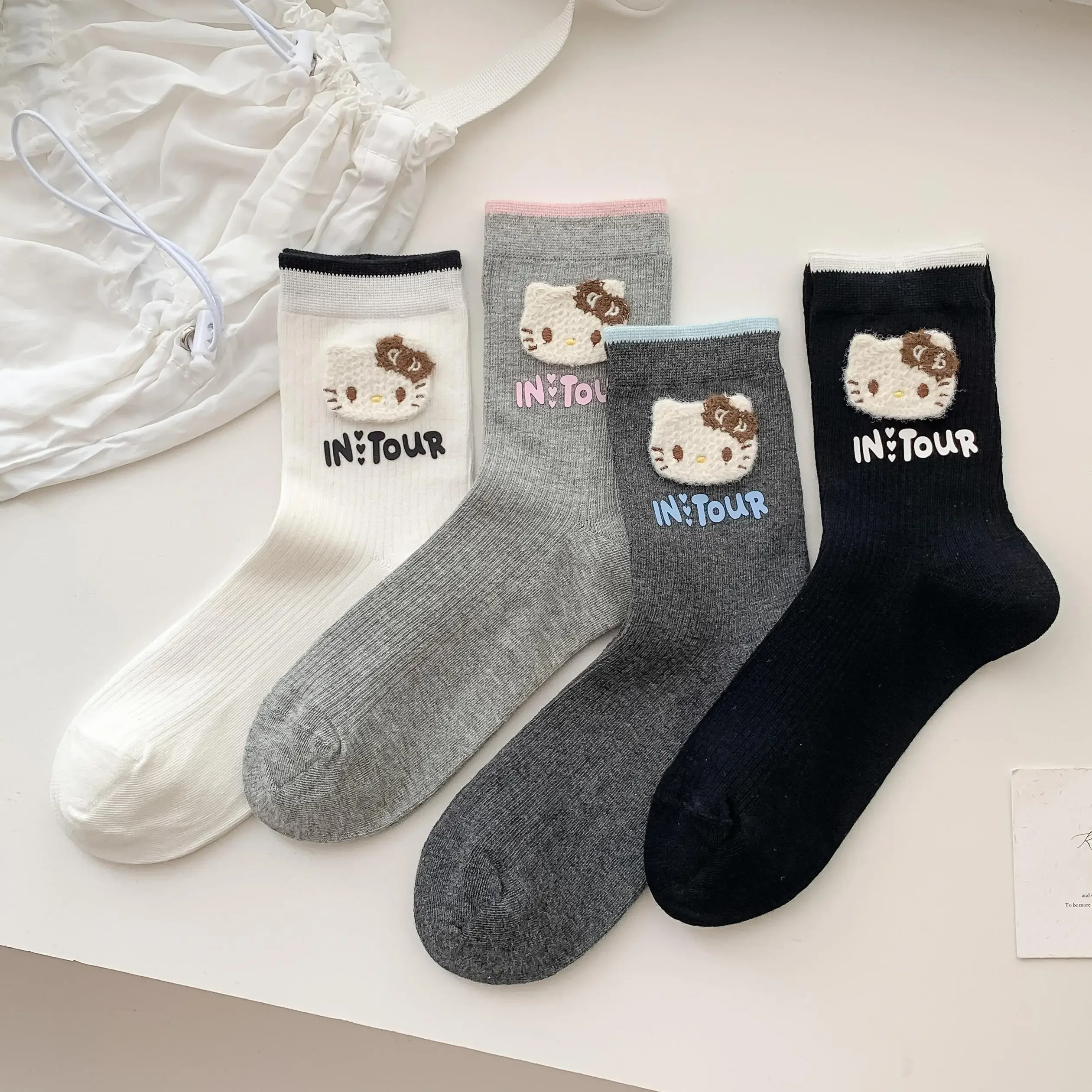 

Hello Kitty 4 Pairs Cute Cartoon Socks Kawaii Girl Crew Socks Soft Comfy Japanese Style KT Cat Pattern Gift Set Birthday Present