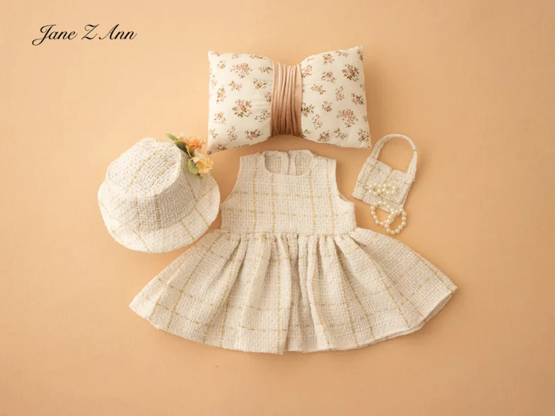 Small Fragrant elegant lady Set Hat Handbag dress Newborn Children Baby girls Shooting Clothes and Props