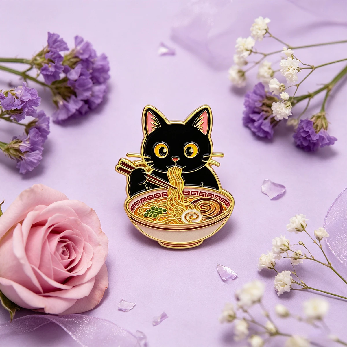 9 Stück Niedliche Schwarze Katze, die Nudeln isst, Emaille-Brosche, Anstecknadel für Kleidung, Tasche, Hut, Dekoration, Sammlerstück, Geschenk, Trendiges Accessoire – Detail 3
