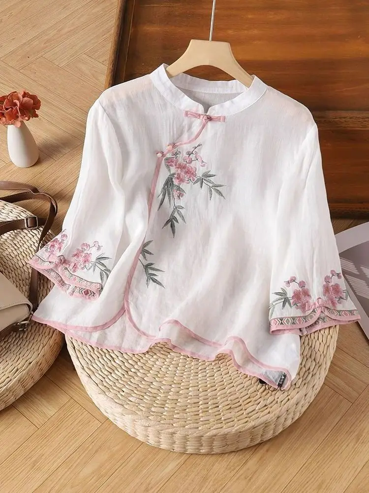 

Новый винтажный китайский свободный крой с воротником-стойкой Mommy Sle Seven Sve, топ с вышитым цветочным принтом и воротником-стойкой