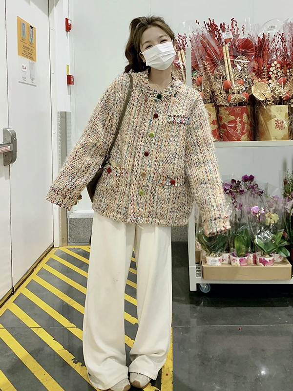 محبوك تويد Jaet المرأة الحلو Sle ort ملابس خارجية الخريف 2025 Faion الاتجاه زر التفاصيل ألياف البوليستر #5