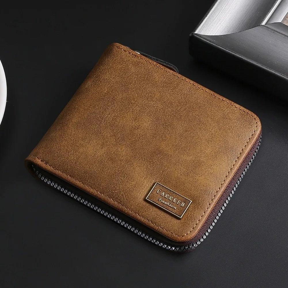 

Portable Multi-position Men's Short Wallet Large Capacity Zipper PU Leather Coin Purse Thin Multi-function Card Holder Travel