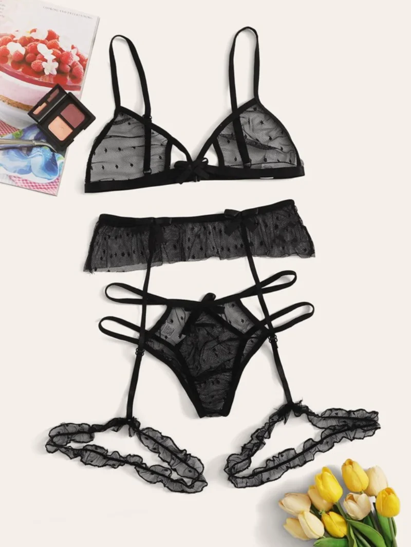 Sexy Bra Set Transparent See Through Bra and Panty Set with Garter Perspective Mesh Lace Lingerie Set Ladies Underwear Set - Image 2