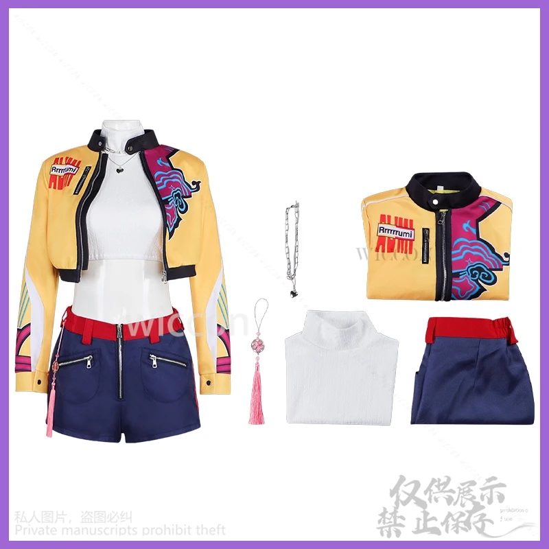 Rumi Kpop Girl Group Cosplay Anime Movie Demon Singing Costume Yellow Punk Y2K Coat Short Pants Long Wigs Halloween Party Cos