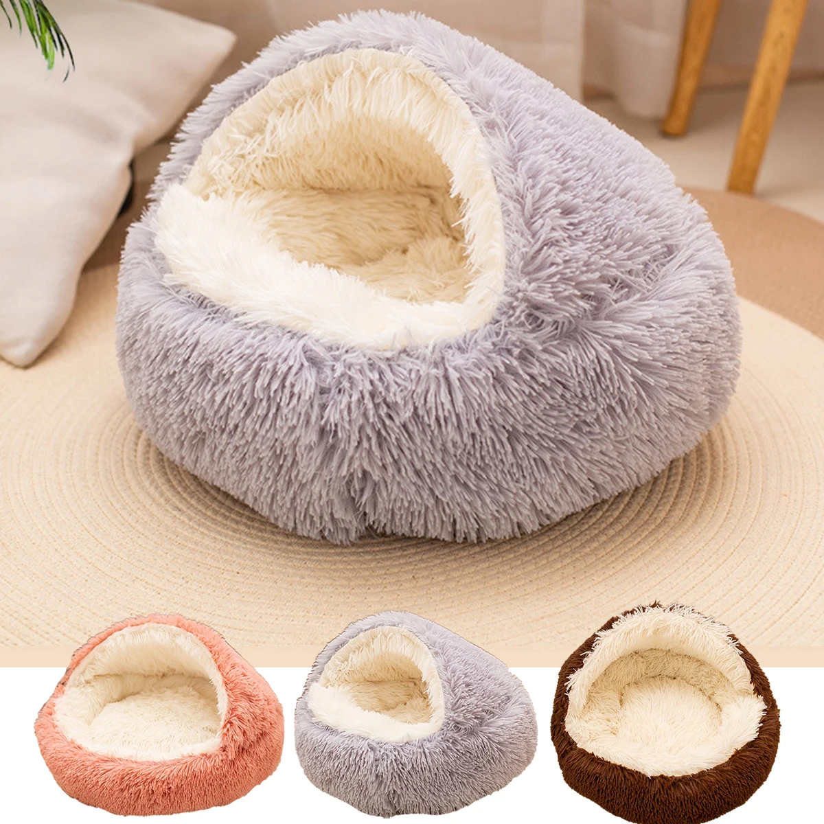

Plush Long-Hair Cat Nest with Removable Cover Pet Mattress Warm Comfortable Basket Cat Dog 2in1 Sleeping Bag Nest for Small Dogs