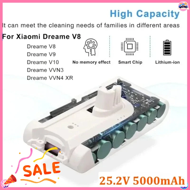 

25.2V 5000mAh Battery for Dreame V8 V9 V10 V9P XR VVN3 VVN4 Handheld Cordless Vacuum Cleaner Parts Replacement New Battery