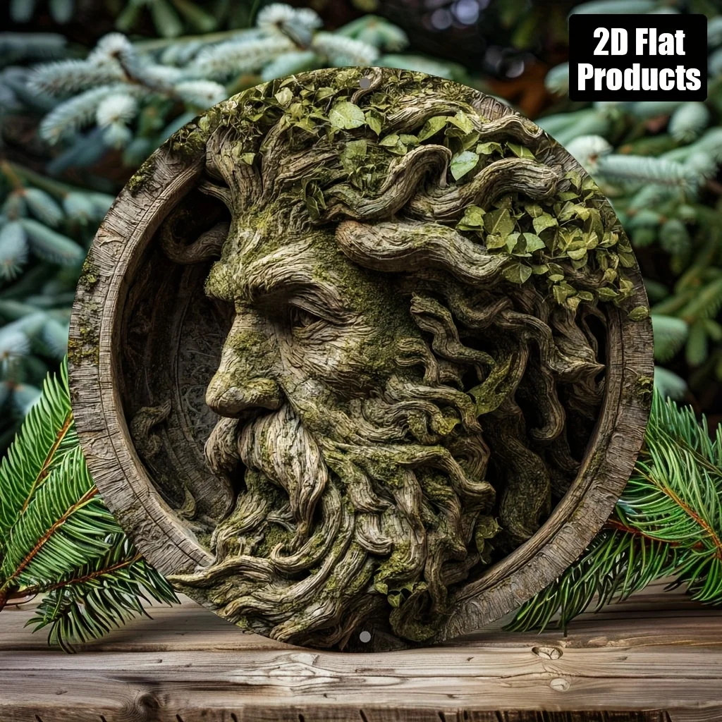 Green Man Forest God Round Wall Sign, 2D Flat Embossed Moss Tree Spirit Circular Plaque, Pagan Wiccan Nature Witchy Home Wall De