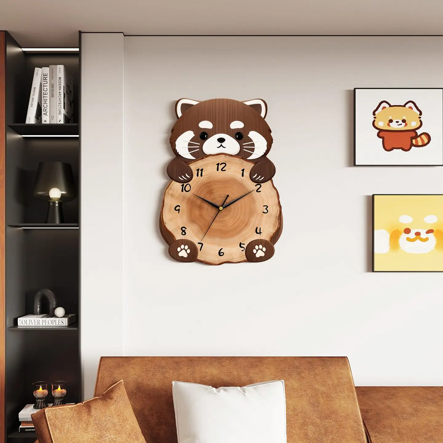 Wooden Wall Clock Cute Red Panda Shape Cut Silent Clock Vintage Bear Brown Wood Grain Texture Kids Room Bedroom Home Decor Clock