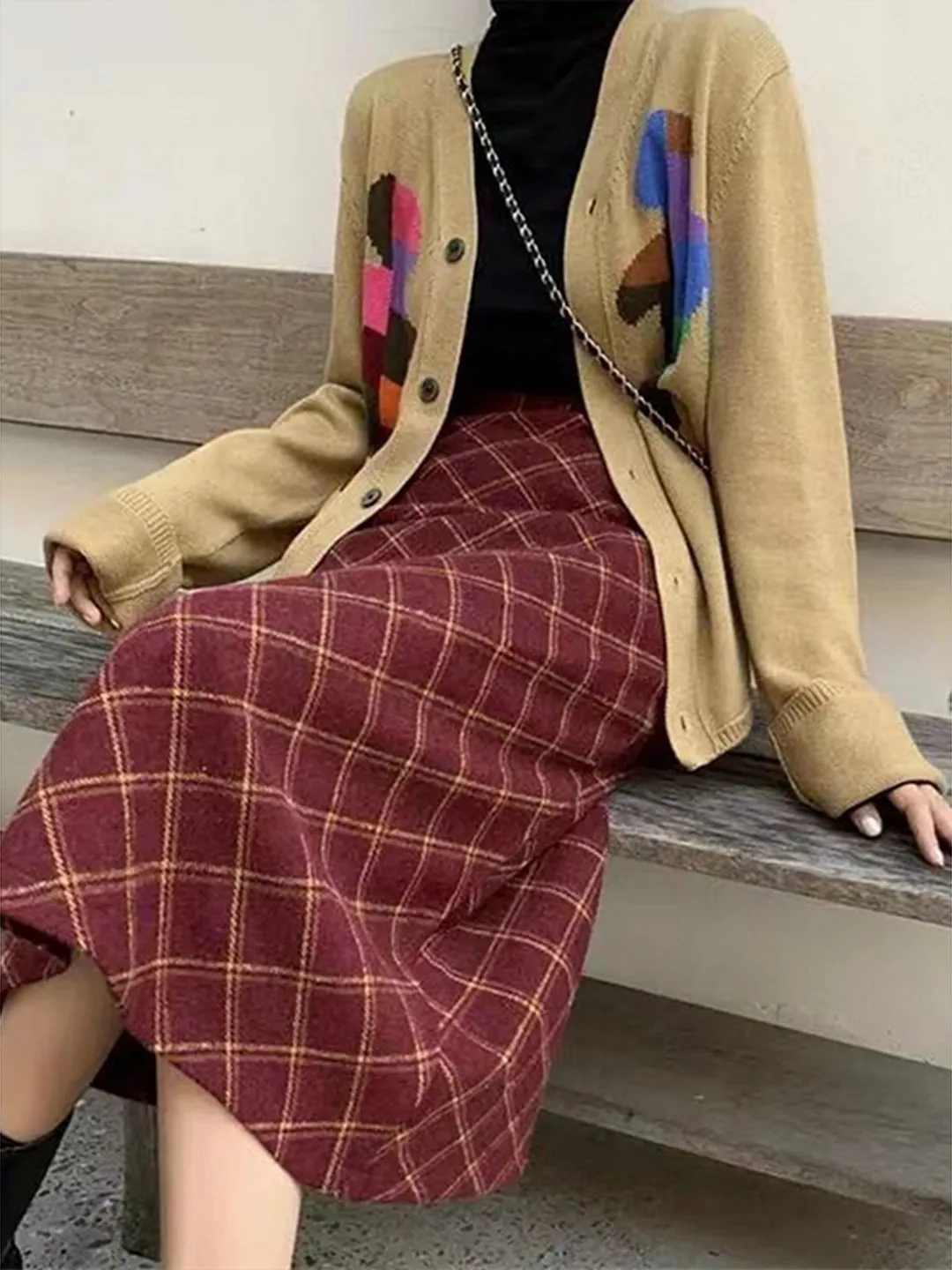 Cintura alta meados de comprimento de lã xadrez saia feminina outono inverno thiened a linha saia versátil vermelho id saia retro sle