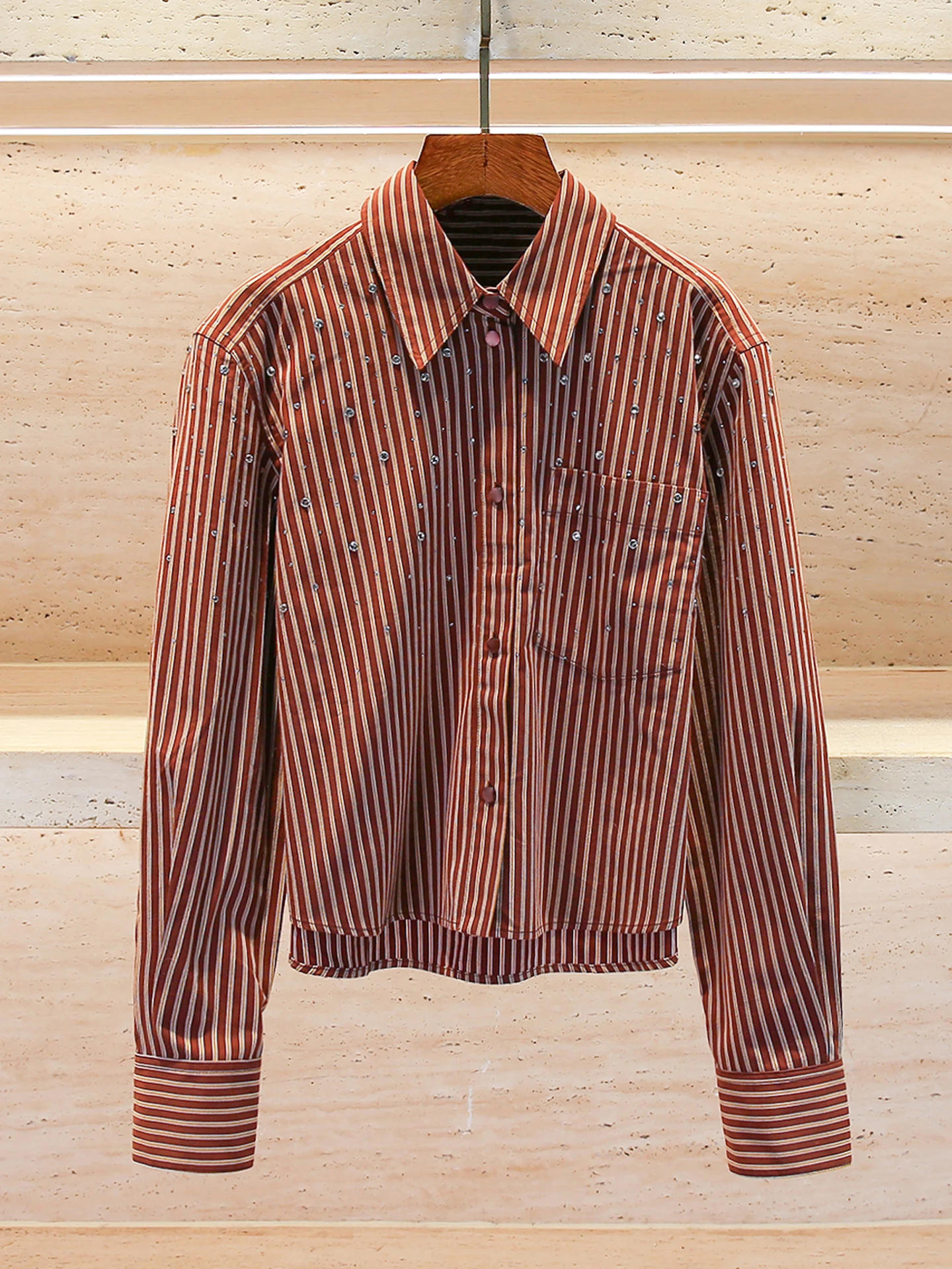 

Casual Striped irt Women's Premium Faion Autumn Winter Long Sve Button up Loose Fit Diamond Embellied Turn-down Collar