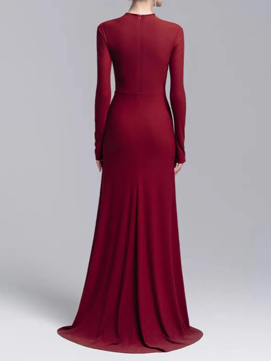 TWOTWINSTYLE Mimimalist Solid Evening Dresses for Women Stand Neck Long Sleeve High Waist Spliced Sequins Rose Dress Female New