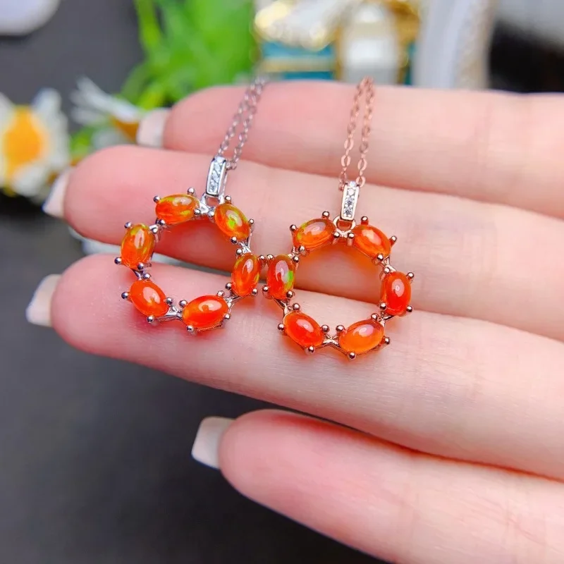 Real 925 Sterling Silver Pendant Women Natural Fire Orange Opal Unique Stylish Anniversary Party Gift Fine Jewelry