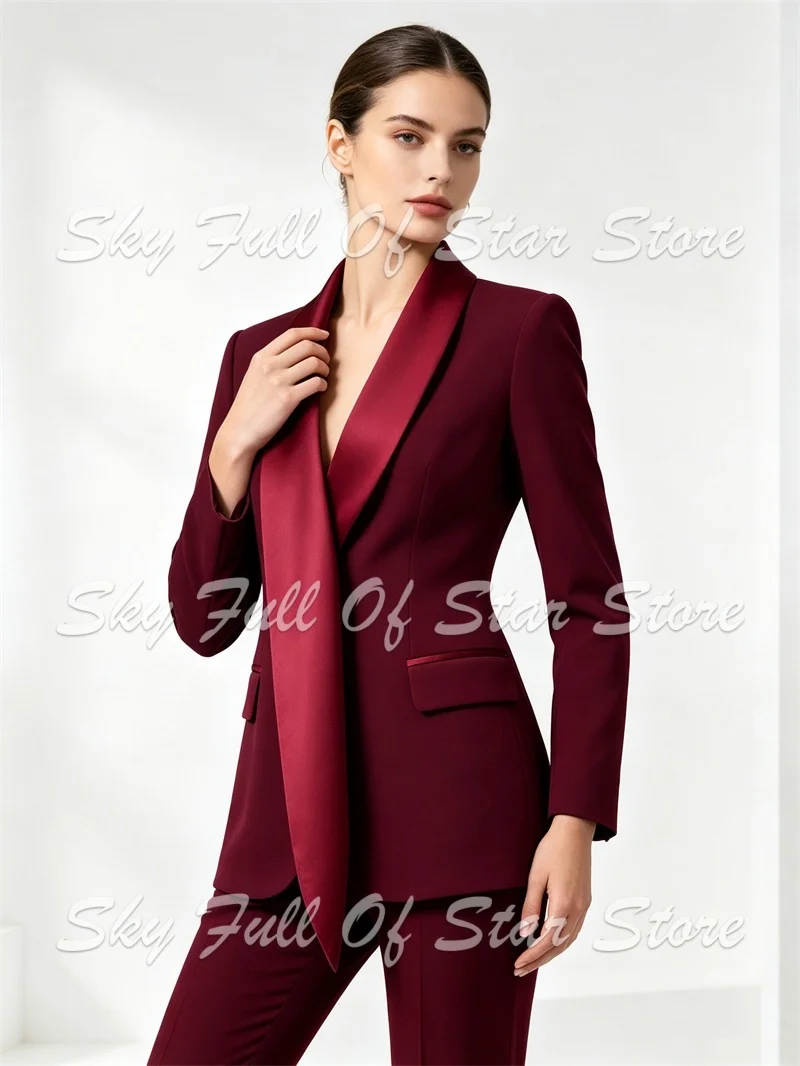 Burgundy Women Suit Set 2 Pcs Satin Collar Tailored Blazer Flared Pants Custom Formal Evening Wedding Office Cocktail Lady Coat