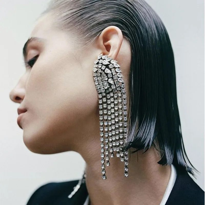Rhinestone earrings, fashion trend exaggerated fringed catwalk earrings full diamonds versatile accessories crystal bold vintage