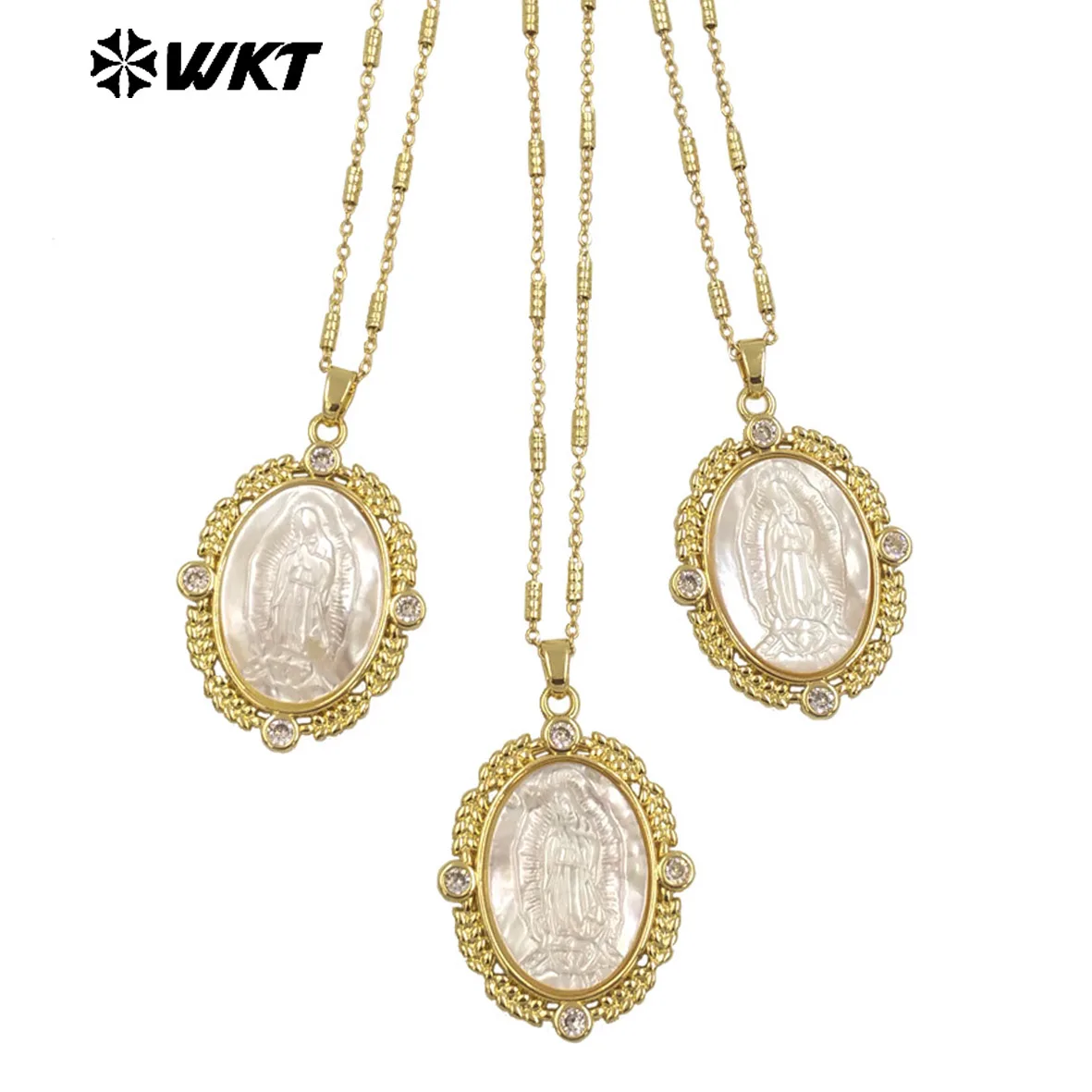 

WT-JN271 Beautiful Natural White Shell Religious Pendant With Tiny CZ Paved 18K Gold Plated Necklace Accessories