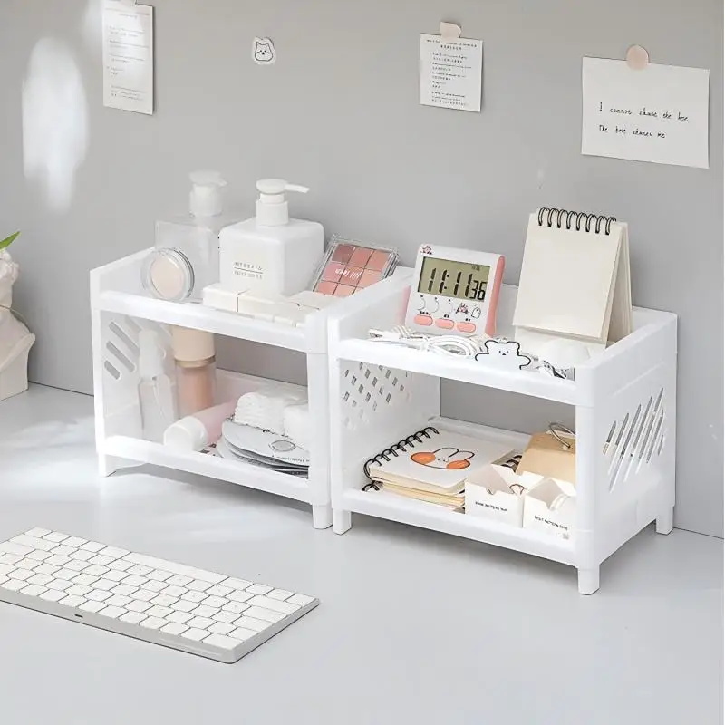2PCS PP Desktop Double Layer Storage Rack Rectangular White Organizing Student Desk Office Cosmetics Stationery Holder for Books