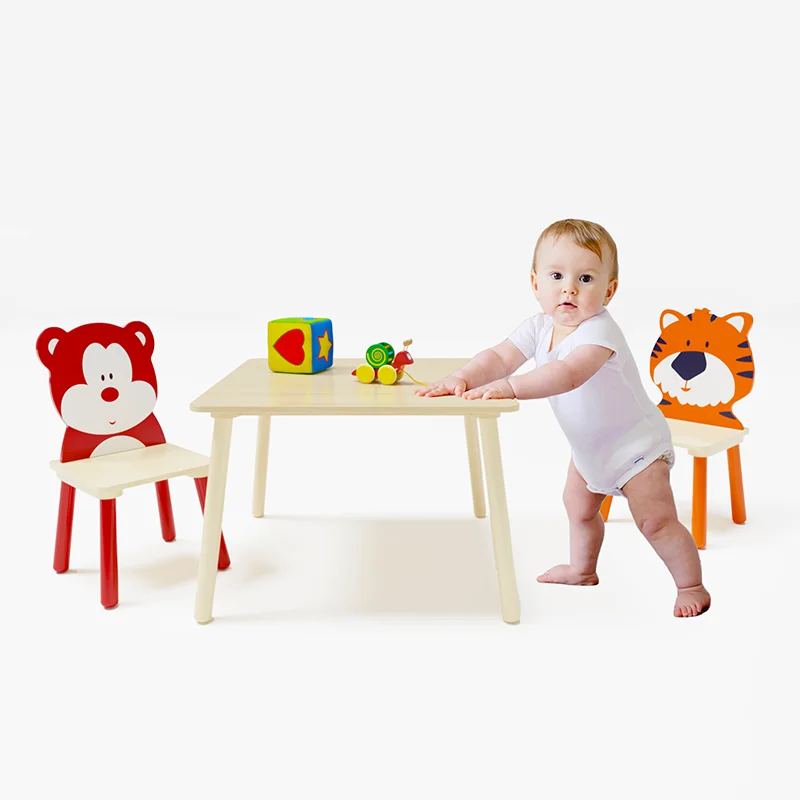 Kindertafel En 2 Stoelen Set, 3 Stuks Peuter Tafel En Stoel Set, Houten Activiteit Speeltafel Set (Beer & Tijger)