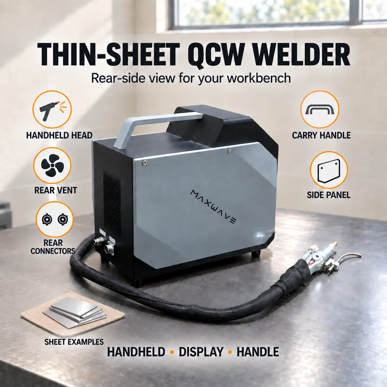 QCW Handheld Laser Welding Machine for Thin Sheet Work with Rear Vent, Rear Connectors, Side Panel and a Top Carry Handle