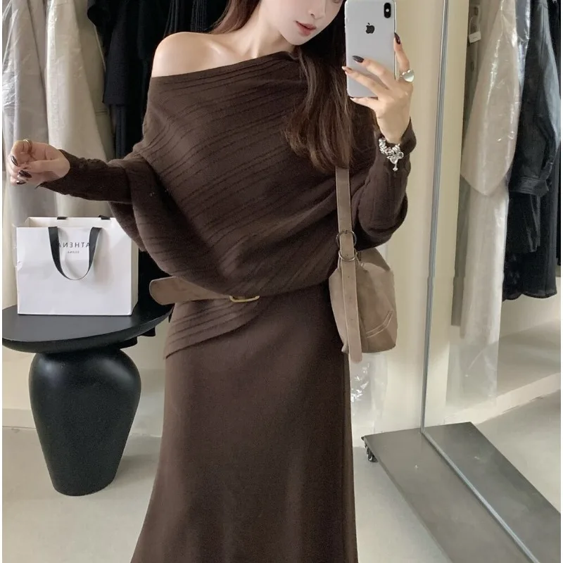 Conjunto de suéter de punto para mujer, falda larga ajustada, ropa de otoño de moda de dos piezas E12258