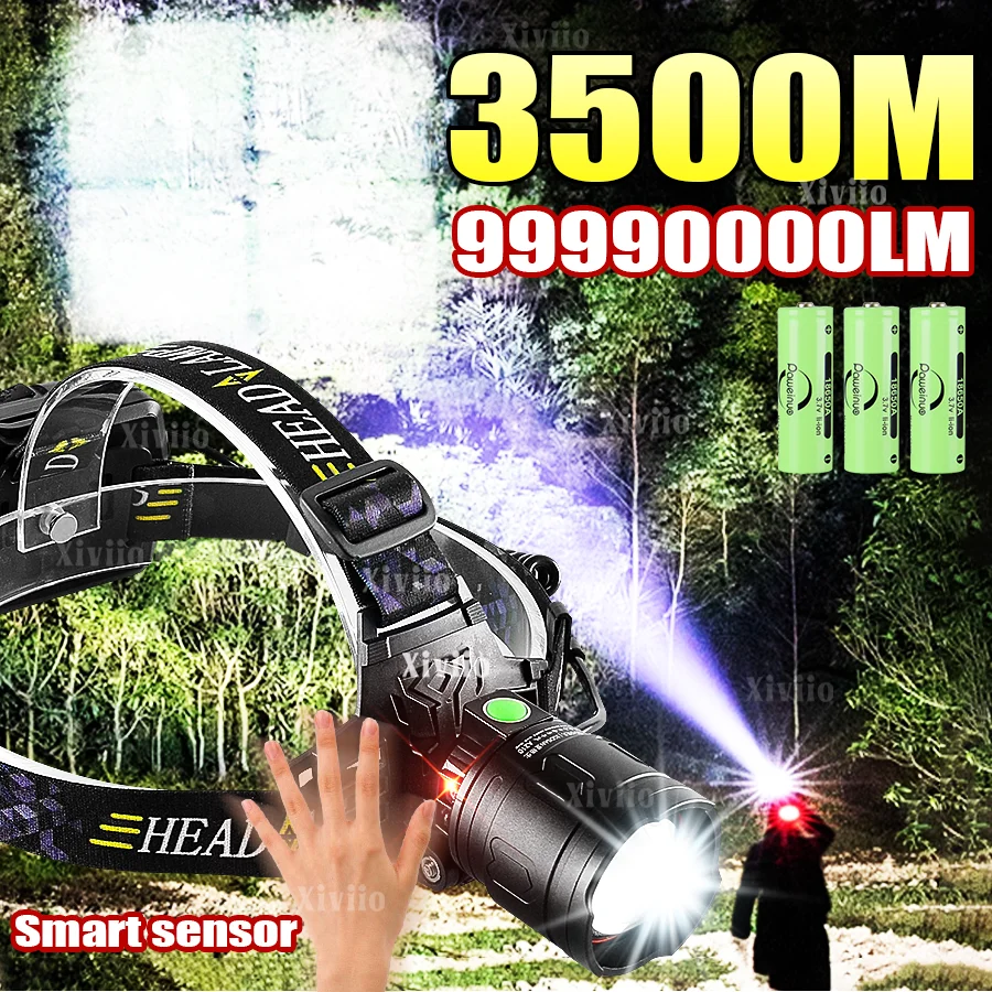 2026 New Super Powerful LED Headlamp Smart Sensor Headlight Strong Light 3500M Head Flashlight Rechargeable Fishing Head Lantern