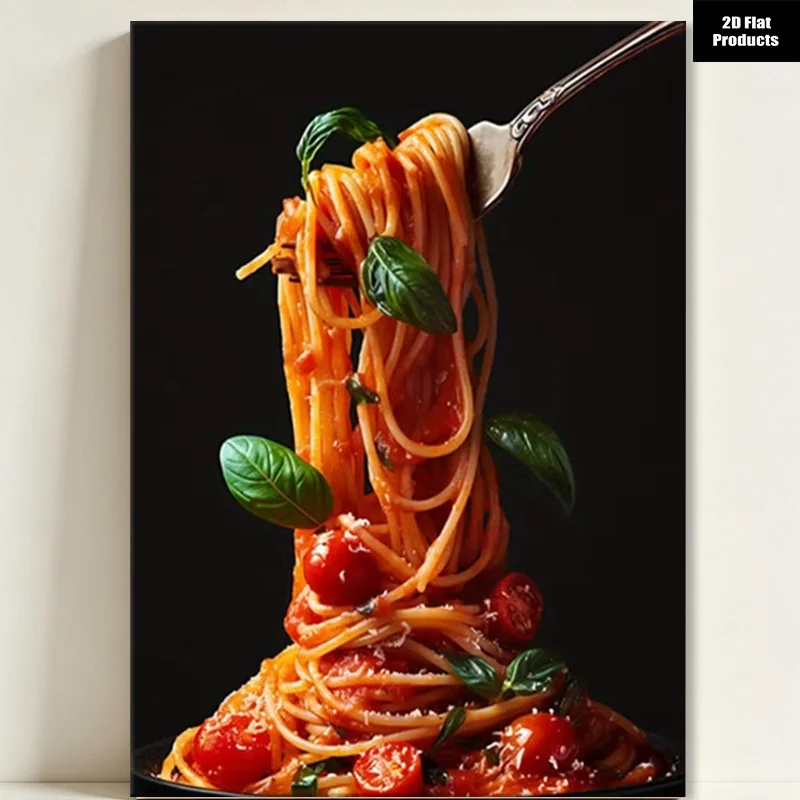 (No frame)2D Flat, 1pc Italian Spaghetti with Tomato Sauce & Basil Wall Art - Modern Retro Framed Canvas Painting Suitable fo