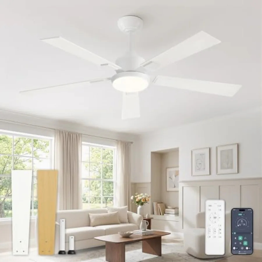 

Indoor/Outdoor ceiling fan with white ABS blades, 52-inch diameter, 30006000K dimmable light, 10-speed quiet reversible motor,