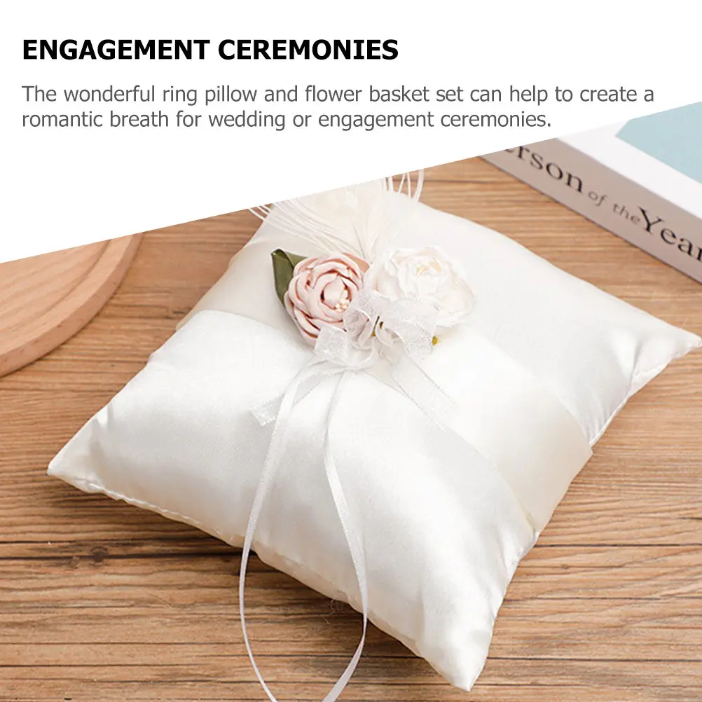 

1Set Wedding Ring Pillow Flower Basket Set Exquisite Decorative Ring Cushion for Flower Girl Romantic Wedding Ceremony