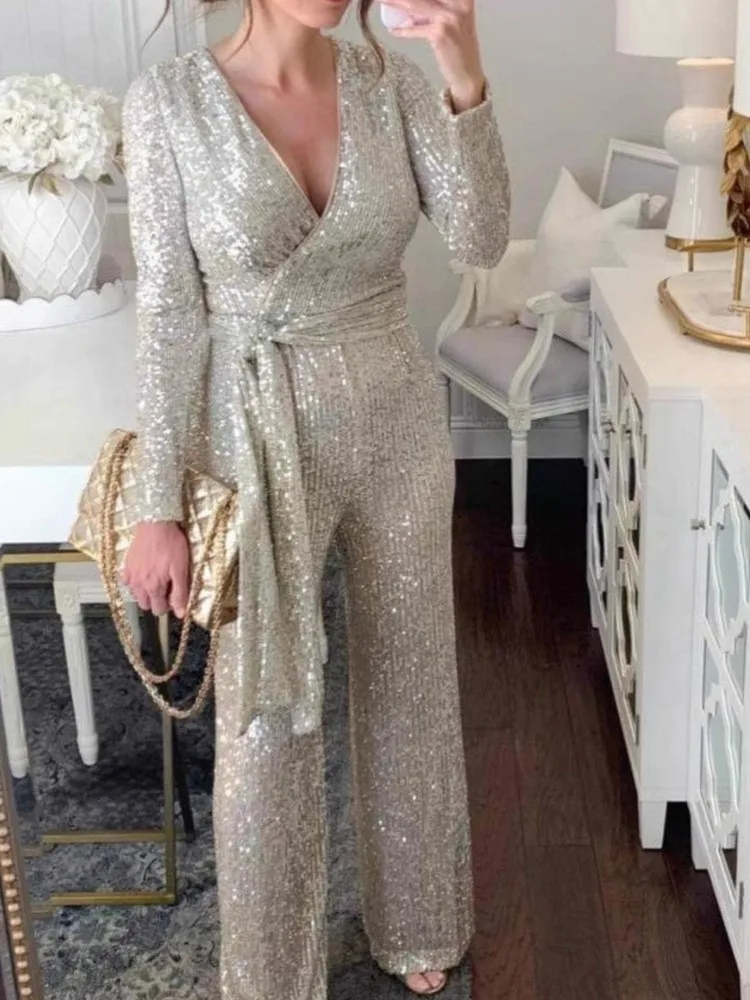 

Women's Solid Color Lace-up V-neck Jumpsuit Trousers Autumn Fashion V-neck Long-sleeved Sequin Waist Long-sleeved Jumpsuit Pants